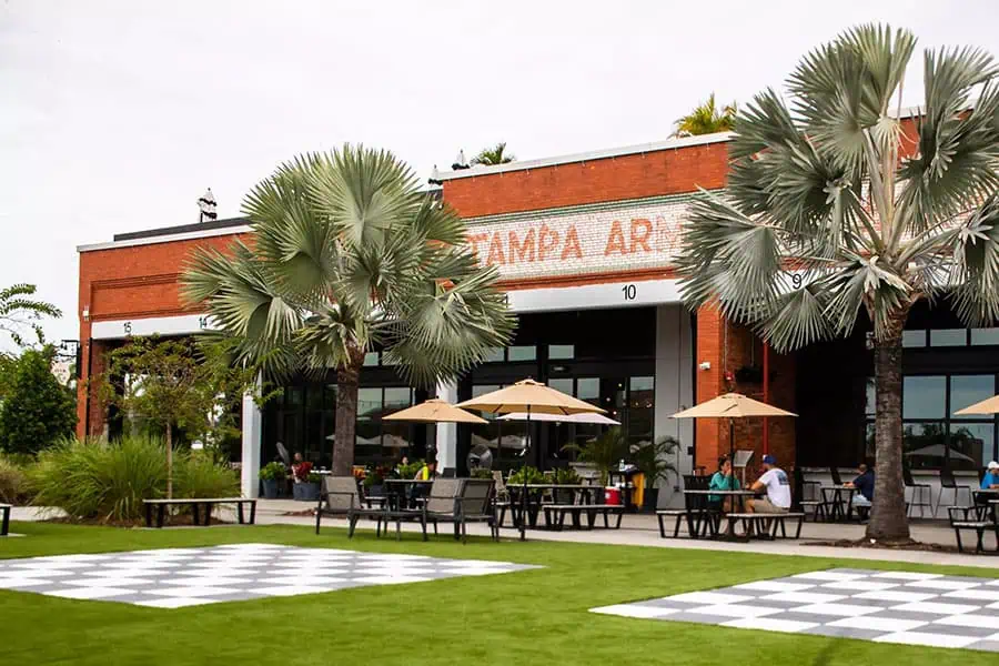 A vibrant outdoor seating area at Armature Works in Tampa, Florida