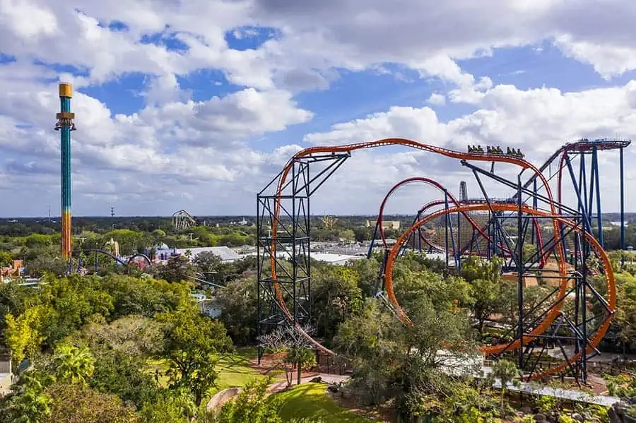 A thrilling aerial view of Busch Gardens Tampa Bay, showcasing a towering roller coaster