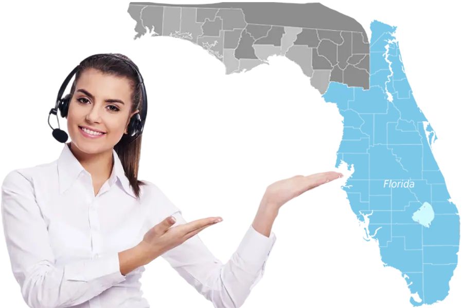 Smiling customer service representative wearing a headset, gesturing toward a map of Florida.